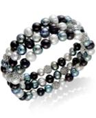 Cultured Freshwater Pearl (6mm) And Black Crystal (7mm) Stretch Bracelet Trio