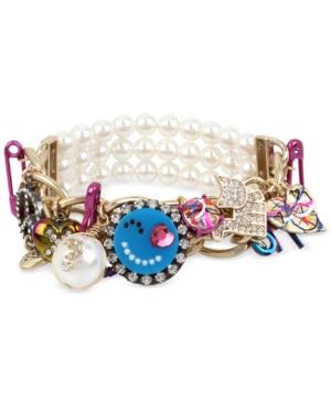 Betsey Johnson Multi-tone Multicolor Crystal & Imitation Pearl Large Charm Stretch Bracelet