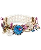 Betsey Johnson Multi-tone Multicolor Crystal & Imitation Pearl Large Charm Stretch Bracelet