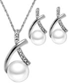 Sterling Silver Jewelry Set, Cultured Freshwater Pearl (6mm And 7mm) And Diamond Accent X-shape Pendant And Earrings Set