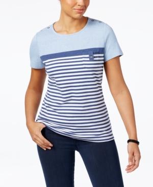 Karen Scott Striped Pocketed Active T-shirt, Created For Macy's