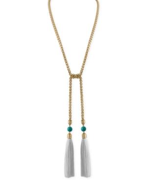 Rachel Rachel Roy Gold-tone Blue Bead & White Tassel Lariat Necklace