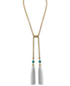 Rachel Rachel Roy Gold-tone Blue Bead & White Tassel Lariat Necklace