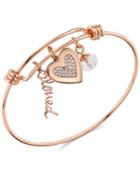 Unwritten Rose Gold-tone Loved & Crystal Heart Adjustable Bangle Bracelet In Stainless Steel