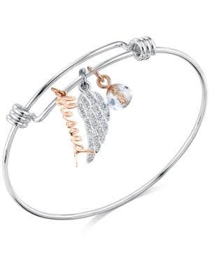 Unwritten Two-tone Blessed & Crystal Wing Bangle Bracelet In Stainless Steel And Rose Gold-tone