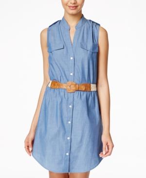 Crystal Doll Juniors' Belted Chambray Shirtdress
