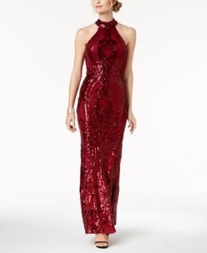 Betsy & Adam Sequined Stretch Halter Gown