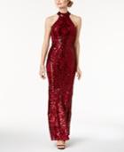 Betsy & Adam Sequined Stretch Halter Gown