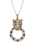 Signature By Effy Black And White Diamond (1-3/8 Ct. T.w.) And Emerald Accent Panther Pendant In 14k Rose Gold