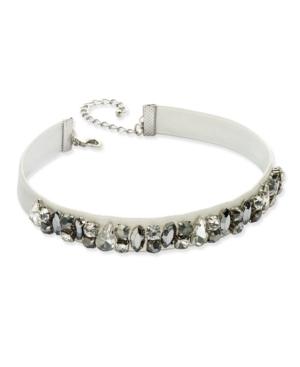 Inc International Concepts Silver-tone Clear & Hematite Crystal Light Gray Velvet Choker Necklace, Created For Macy's