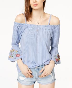 Crave Fame Juniors' Embroidered Striped Off-the-shoulder Ruffle-sleeved Top