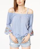 Crave Fame Juniors' Embroidered Striped Off-the-shoulder Ruffle-sleeved Top