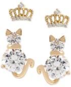 Betsey Johnson Gold-tone Crystal Crown And Cat Stud Earring