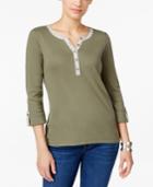 Karen Scott Printed-trim Henley Top, Only At Macy's