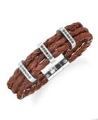 Sutton By Rhona Sutton Men's Stainless Steel Braided Leather And Cubic Zirconia Three-row Bracelet
