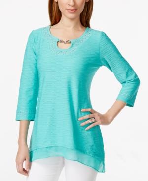 Jm Collection Petite Studded Textured Keyhole Tunic