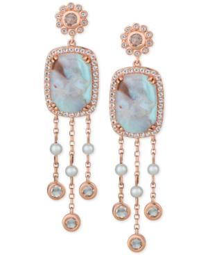 Le Vian Sky Aquaprase (14 X 10mm), White Topaz (1-1/2 Ct. T.w.) & Cultured Freshwater Pearl (3mm) Drop Earrings In 14k Rose Gold