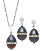 Sterling Silver Necklace And Earring Set, Black Cultured Freshwater Pearl (8mm) And Crystal Pendant And Earring Set