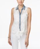 Guess Shauna Embroidered Denim-contrast Top