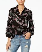 One Hart Juniors' Floral-print Ruffle-sleeve Shirt