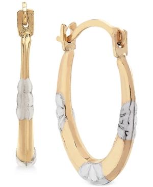 Two-tone Decorative Oval Hoop Earrings In 10k Gold & White Gold