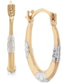 Two-tone Decorative Oval Hoop Earrings In 10k Gold & White Gold
