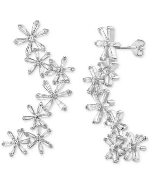 Cubic Zirconia Baguette Flower Ear Climbers In Sterling Silver