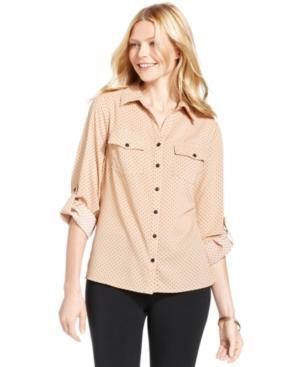 Elementz Petite Top, Three-quarter-sleeve Polka-dot Cotton Shirt