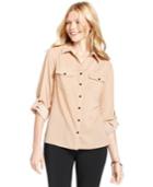 Elementz Petite Top, Three-quarter-sleeve Polka-dot Cotton Shirt