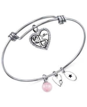 Unwritten Sister Charm And Rose Quartz (8mm) Bangle Bracelet In Stainless Steel