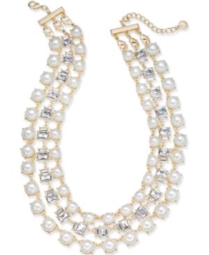 Charter Club Gold-tone Crystal & Imitation Pearl Triple-row Necklace, Created For Macy's