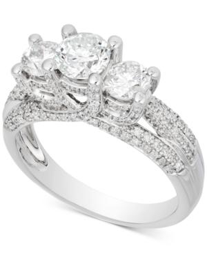 Diamond Three-stone Pave Engagement Ring (1-3/4 Ct. T.w.) In 14k White Gold