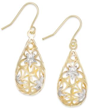 Two-tone Floral Teardrop Drop Earrings In 10k Gold And 10k White Gold
