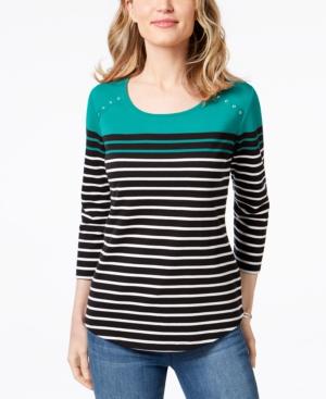 Karen Scott Striped Grommet-detail T-shirt, Created For Macy's