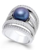 Black Cultured Freshwater Pearl (10mm) And Cubic Zirconia Multi-row Statement Ring In Sterling Silver