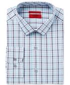Alfani Red Men's Fitted Performance Turquoise Grey Large Outline Check Dress Shirt, Only At Macy's