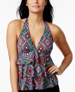 Swim Solutions Santa Fe Geometric-print Tiered Halter Tankini Top Women's Swimsuit