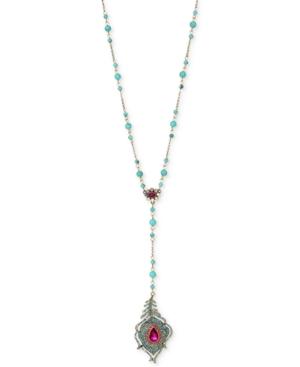 Betsey Johnson Gold-tone Beaded-chain Crystal And Pave Peacock-inspired Lariat Necklace