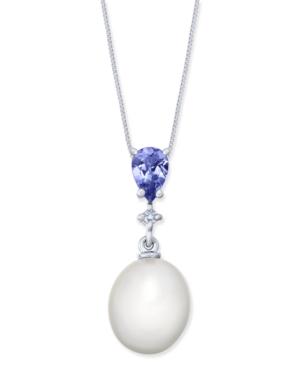 Tanzanite (1/3 Ct. T.w.), Cultured Freshwater Pearl (8-1/2mm) & Diamond Accent Pendant Necklace In 14k White Gold