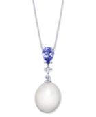 Tanzanite (1/3 Ct. T.w.), Cultured Freshwater Pearl (8-1/2mm) & Diamond Accent Pendant Necklace In 14k White Gold