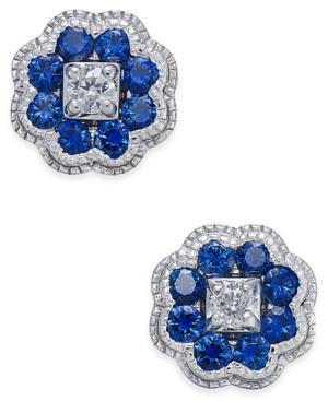 Sapphire (5/8 Ct. T.w.) And Diamond (1/10 Ct. T.w.) Cluster Stud Earrings In 14k White Gold