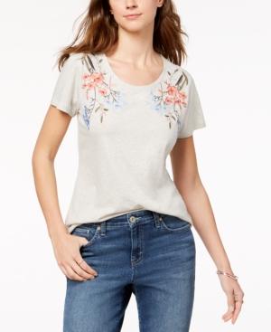 Style & Co Cotton Floral-embroidered T-shirt, Created For Macy's