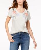 Style & Co Cotton Floral-embroidered T-shirt, Created For Macy's