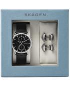 Skagen Men's Holst Black Leather Strap Watch & Cuff Links Boxset 40mm Skw1066