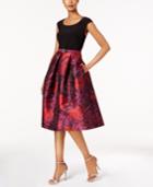 R & M Richards Belted Floral Brocade Fit & Flare Dress