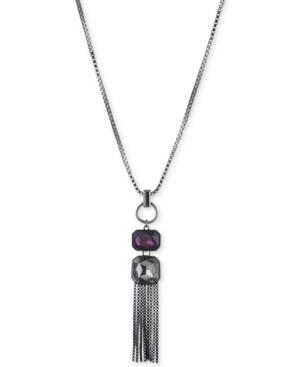 Dkny Hematite-tone And Black Rubber Purple Stone & Chain Tassel Pendant Necklace, Created For Macy's