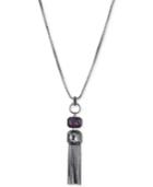 Dkny Hematite-tone And Black Rubber Purple Stone & Chain Tassel Pendant Necklace, Created For Macy's
