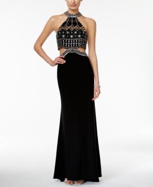 Xscape Beaded Cutout Halter Gown