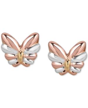 Tricolor Butterfly Stud Earrings In 10k Gold, White Gold & Rose Gold