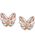 Tricolor Butterfly Stud Earrings In 10k Gold, White Gold & Rose Gold